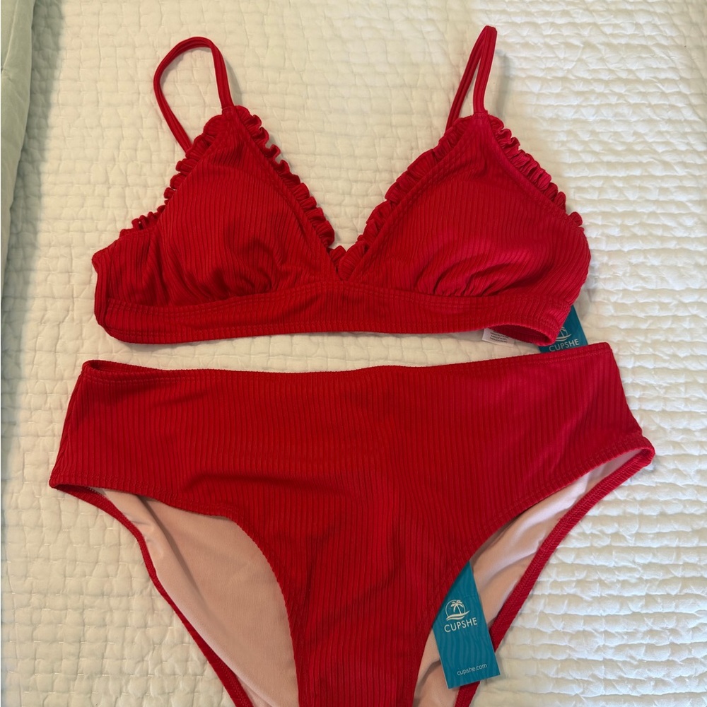 Cupshe Scarlet Ribbed Ruffle Triangle Bikini
